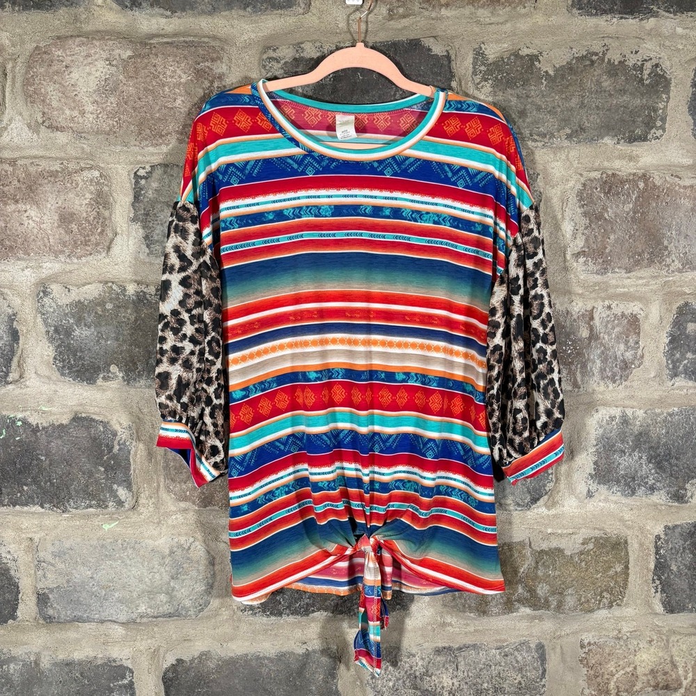 Southwestern Serape‎ Leopard Print Tie Front Top Multi Color Medium